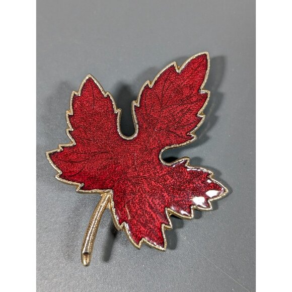 Vintage Guilloche Enamel Red Maple Leaf Pin Brooch Fall Autumn - Picture 7 of 8